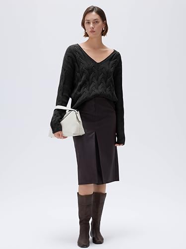 SUUKSESS Women Oversized Cable Sweaters V Neck Long Sleeve Knit Trendy Outfits4