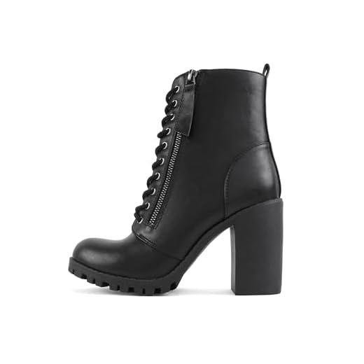 Soda Malia Round Toe Stacked Lug Heel Lace Up Ankle Booties (Black PU, numeric_9)