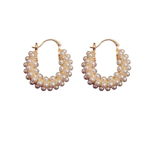 Chunky Basket Pearl Hoop Earrings Gold Plated Vintage Thick Round Shell Pearls Ball Small Lightweight Huggie Hoop Earrings for Women Minimalist Wedding Bridal Christmas Birthday Party Trendy Jewelry Gifts