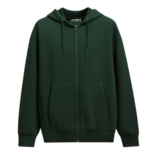 Image of UNSTD Men Solid Maroon Zip-Up Hoodie | Full Sleeve Hooded Sweatshirt with Kangaroo Pockets | Casual Winter Wear for Men