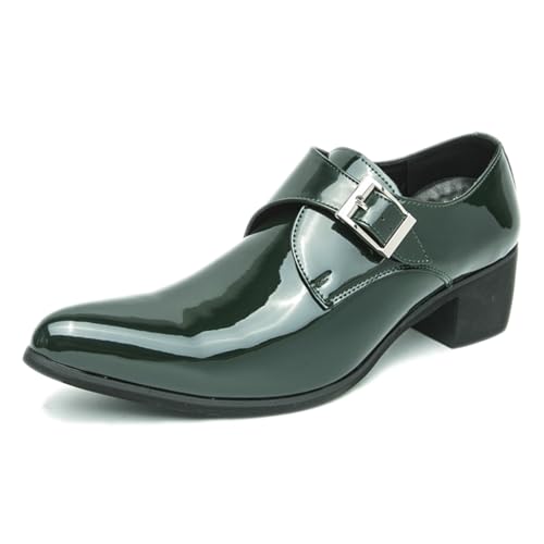 Men's Patent Leather Chunky Heels Monk Strap Oxfords Classic Pointed Toe Comfortable Slip On Low Block Heel Dress Loafers for Party Wedding Business Office