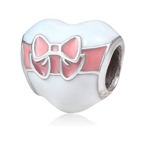 Pink Bow White Heart Enamel Charm 925 Sterling Silver Love Heart Beads fits European Style Bracelet Jewellery Making Cover