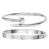 sineed 18K Gold Plated Stainless Steel Love Nail Bangle Clover Bracelet Set Stackable Dupes for Love Trendy Jewelry (White Gold)