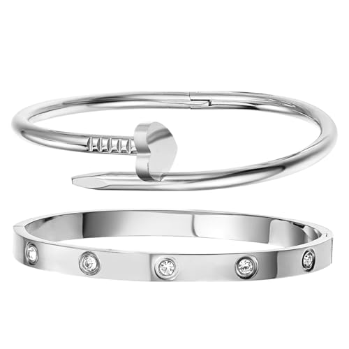 sineed 18K Gold Plated Stainless Steel Love Nail Bangle Clover Bracelet Set Stackable Dupes for Love Trendy Jewelry (White Gold)