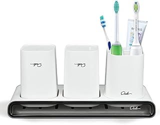 Toothbrush Holder with Tumblers Set, Multifunctional Electric Toothbrush Holder, Toothbrush Caddy Toothpaste Razors Stand for Bathroom Countertop 3 Compartment Storage Box (White)