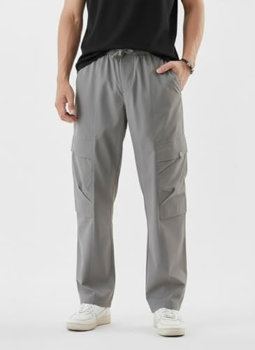 Image of Men's Cotton Cargo Pants | Straight Fit Casual Trousers for Men with Pockets | Lightweight & Breathable Pants with Elastic Waistband & Drawstring | Comfortable Lower for Mens