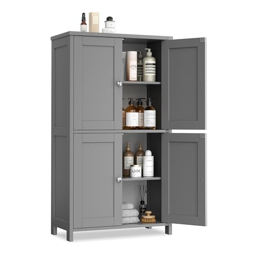 Image of Vongrasig Bathroom Storage Cabinet, Small Bathroom Floor Cabinet with 4 Doors and Adjustable Shelves, Freestanding Modern Cabinet for Bathroom, Kitchen, Living Room, Entryway, Grey
