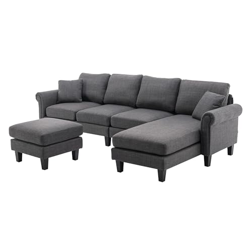 Image of Nathan 6 Seater L Shape Sofa with Centre Table | 6 Seater Sofa Set for Living Room (Nathan Darkgrey, RHS)