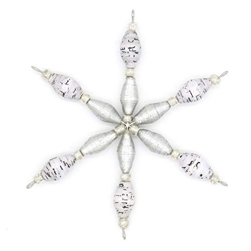 Outreach Uganda Christmas Tree Ornaments - White Speckled & Silver Star Ornament - Handmade Recycled Paper Bead Ornament - White & Silver Tree Ornaments - Holiday Gifts Handmade in Africa