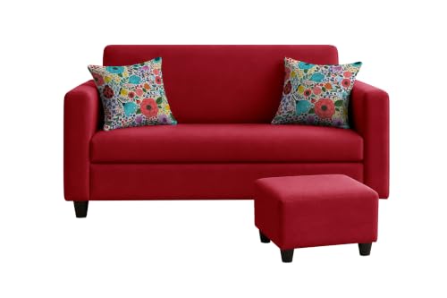 Image of Rosebell 2 Seater Sofa with Ottoman | Living Room Couch | with Printed Cushions | Sofa for Home, Apartment & Office-Red Color