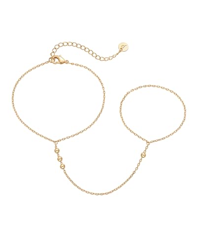 Image of PAVOI 14K Gold Plated Hand Chains for Women - Adjustable Hand Chain Bracelet and Ring - Trendy Gold Handchain Bracelet Stack Summer Jewelry - Beads, Pearl, and Cubic Zirconia Body Jewelry
