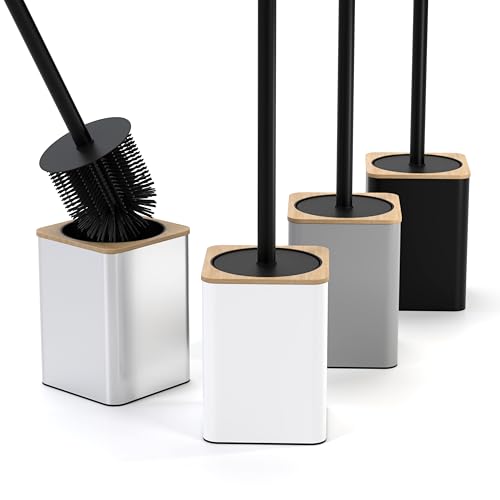 SAVEGA - Cepillo WC Blanco de Silicona en diseño bambú - Escobilla baño con Soporte de Acero Inoxidable y Tapa Protectora - Cepillo Inodoro Elegante