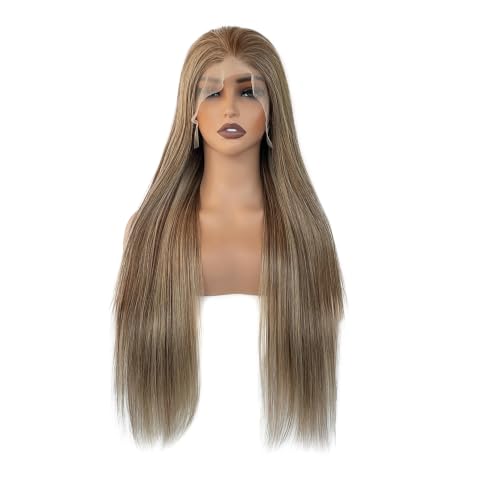 Image of 28 Inch Ombre Brown Highlight Lace Front Wigs Human Hair Balayage Brown with Ash Blonde Highlights Brazilian Raw Human Hair 13x6 HD Frontal Wig Pre Plucked 180% Density Glueless Wigs for White Women