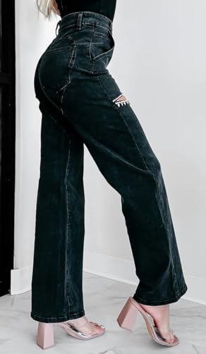 Women's High Waist Straight Wide Leg Y2K Denim Pants Cut Out Rhinestone Jeans Streetwear4