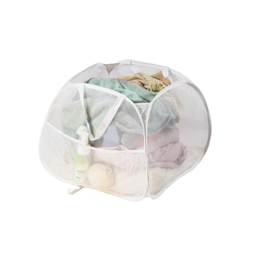 Image of Collapsible Laundry Basket 90L, Foldable Mesh Pop-up Laundry Hamper with Handles, Dirty Clothes Hamper for Laundry with Side Storage Pocket (White)