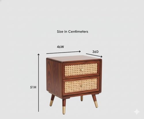 Image of MISAN Boston Solid Wood Bedside Table with Rattan Drawers Mid Century Night Stand for Living Room | Cane Mid Century Modern Side Table with 2 Drawers-Multipurpose use for Living Room, Bedroom (Hony)
