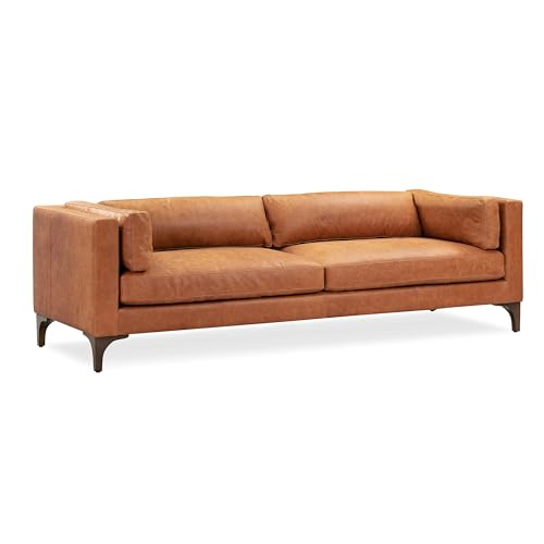 POLY & BARK Argan 93” Leather Sofa – Full-Grain Italian Aniline Leather, Feather-Down Comfort, Solid Wood Frame – Cognac Tan