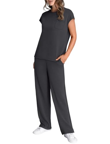 Image of WIHOLL 2 Piece Sets for Women Casual Summer Travel Vacation Outfits Cap Sleeve Lounge Set