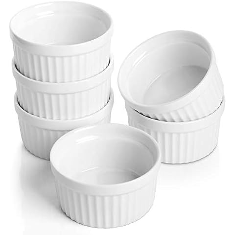 Samsle Porcelain Ramekins 4 oz Oven Safe, Small Souffle Dishes for Creme Brulee, Ice Cream, Dipping and Sauces Cup, Ceramic White Mini Baking Bowls Set of 6 Cover