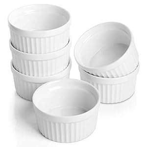 Porcelain Ramekins 4 oz Oven Safe, Small Souffle Dishes for Creme Brulee, Ice Cream, Dipping and Sauces Cup, Ceramic White Mini Baking Bowls Set of 6