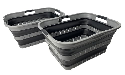 Image of SAMMART 42 (11 Gallons) Collapsible Plastic Laundry Basket, Foldable Pop Up Storage Container /Organizer, Space Saving Hamper, Portable Bin for Dorm Room Bathroom (2, Grey /Black)