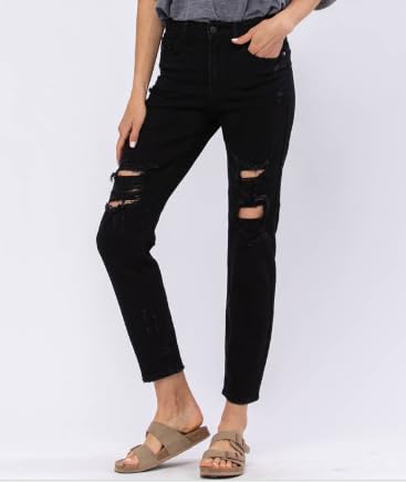 Judy Blue Women's High Waist Destroyed Boyfriend Jeans - Stretchy & Comfortable Black Denim 82161-2