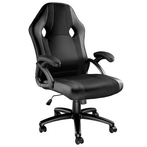 TecTake® Sedia da Ufficio Ergonomica, Poltrona Gaming con Altezza Regolabile, Struttura Robusta, Rotazione a 360 Gradi, Meccanismo Basculante, 5 Rotelle Doppie - Nero