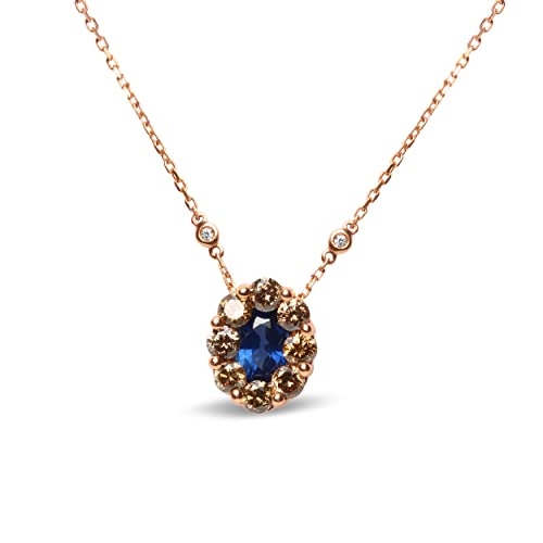18K Rose Gold 5/8 Cttw White and Brown Diamond Accent and 7 x 4mm Oval Blue Sapphire Gemstone Statement Halo Cluster Pendant Necklace (Brown and G-H Color, SI1-SI2 Clarity) - Adjustable up to 16" - 18