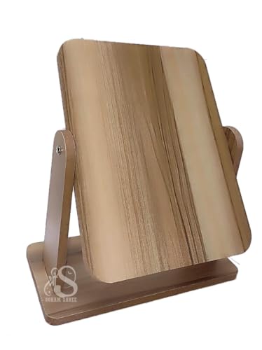 Image of ᵀᴹ Wooden Tabletop Makeup Mirror Vanity Table Stand Mirror Swivel Bamboo Mirror for Bedroom Bathroom Desk 360 Degree rotatable Cosmetic Mirror for Makeup (Square Wooden Mirror)
