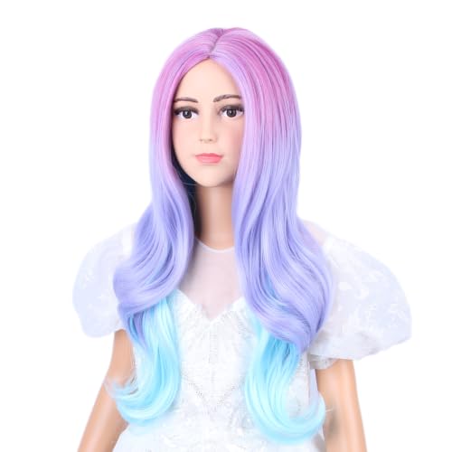 Image of Rainbow Wig for Kids Long Colorful Middle Part Wig for Girls Multi-color Wavy Curly Wigs for Children Purple Pink Wigs Heat Resistant Synthetic Hair with Cap