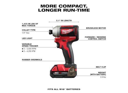 Milwaukee 2892-22CT M18 Compact Brushless 2-Tool Combo Kit, Drill Driver/Impact Driver thumbnail 8