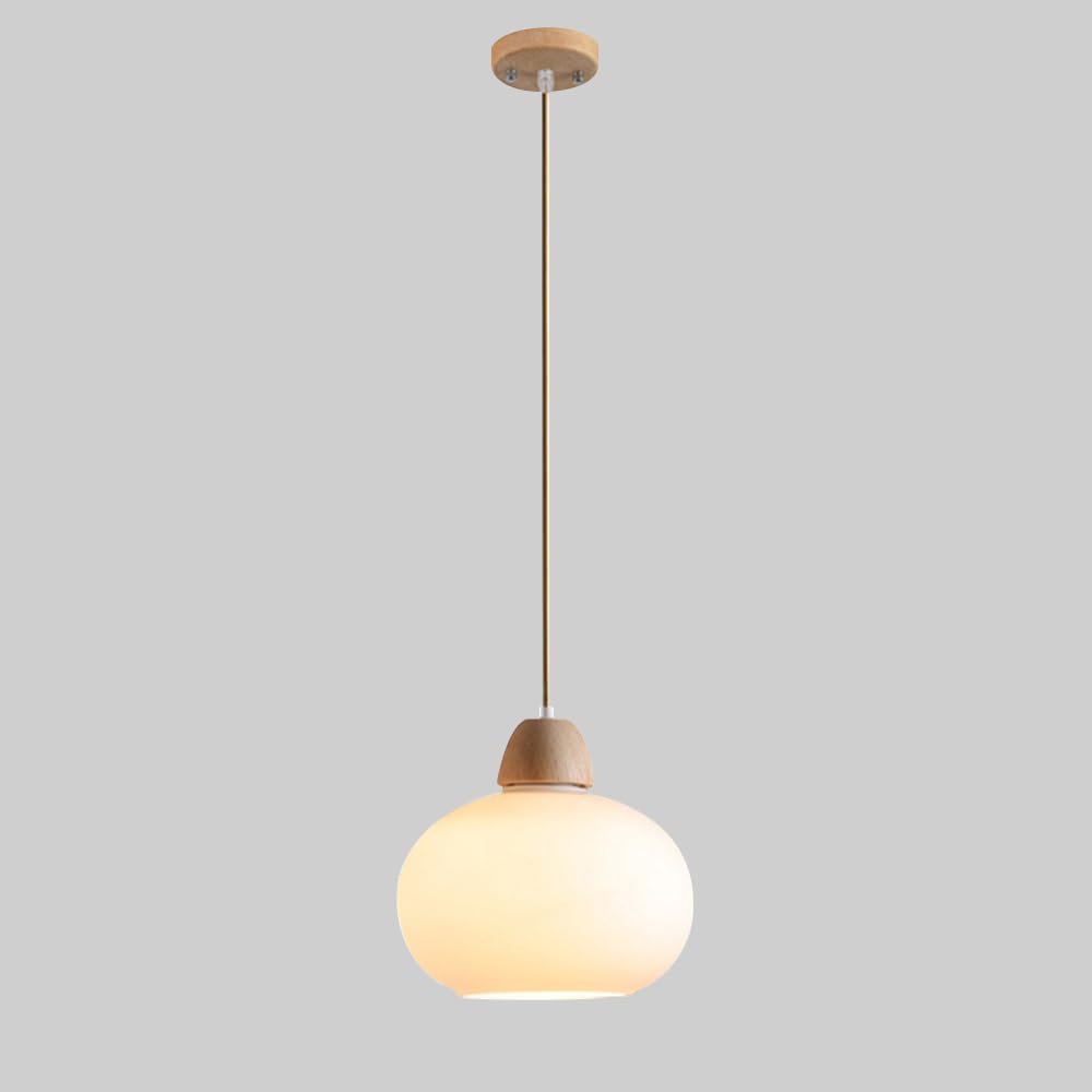 KXEcoLife Cream Pendant Light Dome Glass Hanging Lamp Nordic Wood Single Island Lighting for Kitchen 7" Bedroom Bedside Dining Table Ceiling Lamps