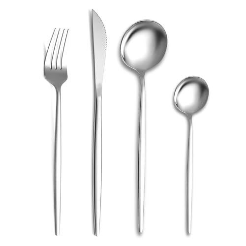 Image of aDai Sterling Silver Silverware Set | Satin Finish 4-Piece Stainless Steel Flatware Set | Dishwasher Safe Cutlery for Home, Restaurant & Gifting