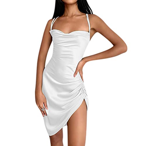 Image of JUMISEE Women Satin Ruched Lace Up Bodycon Mini Dress Sexy Backless Spaghetti Strap Party Dress for Cocktail Clubwear