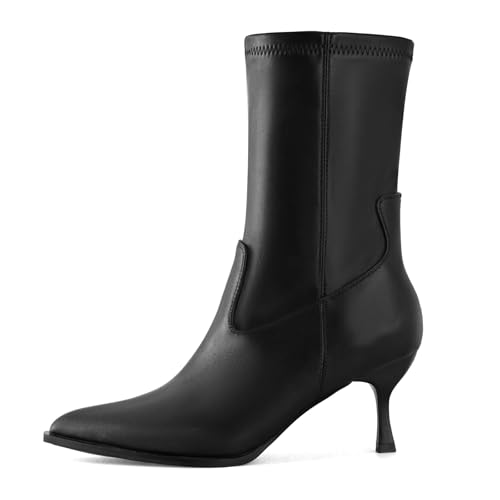 Kitten Heel Ankle Boots for Women Pointed Toe Stacked Stiletto Booties with Side Zipper Mid Calf Short Fashion Dress Boots2