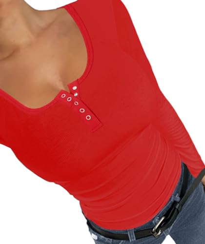 Afibi Women Long Sleeve Tops Scoop Neck Low Cut Slim Fitted Henley Shirt Ribbed Basic Tee Shirts Tops3