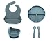 Set de vajilla de silicona para bebes. Conjunto de Babero, Cuenco, Cubiertos y Plato antideslizantes perfectos para alimentacion de bebes (Azul)