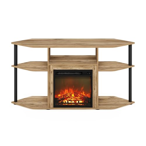 Image of Furinno Jensen Fireplace TV Stand, Corner Entertainment Center, TV Console for TV up to 55 Inch with Fireplace, Plastic Poles and Open Storage, for Living Room, Bedroom, Flagstaff Oak