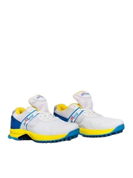 SS 33 Sports Cricket Shoes White/Blue/Yellow, Rubber Studs | Rubber Studs Outsole, Breathable Mesh Upper, Ankle Support, Colour Block Design, Lightweight Construction-image-0