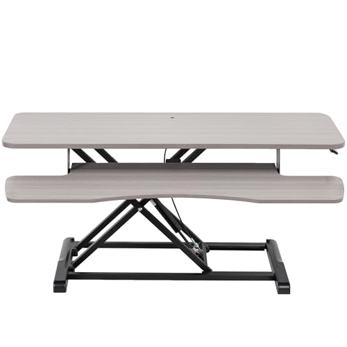 Image of VIVO 36 inch Desk Converter, K Series, Height Adjustable Sit to Stand Riser, Dual Monitor and Laptop Workstation with Wide Keyboard Tray, Gray Top, Black Frame, DESK-V036KG