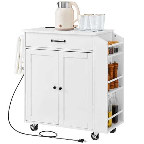 VEVOR Isla de Cocina Portátil con Ruedas, Carrito con Armario Almacenamiento, Toma de Corriente, Especiero, Toallero, Estante Ajustable, Cajón, para Comedor y Sala de Estar, Blanco 810 x 380 x 860 mm