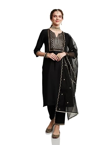 Image of Amazon Brand - Myx Women's Embroidered Kurta Set with Organza Dupatta (Available in Plus Sizes)
