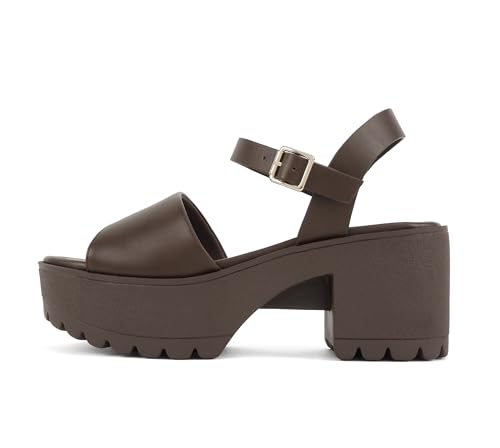 Soda “Stacie” ~ Women Open Toe Lug Sole Mid Block Heeled Sandals with Adjustable Ankle Strap (Brown Pu, 9)