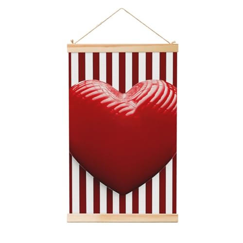 Poster cœur rayé rouge blanc 91,4x61 cm cadre bois pour déco murale