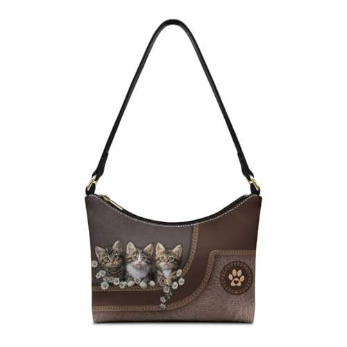 FANCOSAN Sac à bandoulière en cuir synthétique avec motif de chat mignon pour femme, sac à main de travail léger, sac fourre-tout rétro marron avec...