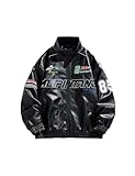 Fullneat Women’s Faux Leather Racing Jacket Oversized Moto Bomber Varsity Coat with Graphic Print Zip Up, Unisex Streetwear Windbreaker Casual Retro Y2K Jacket for Daily Outdoor Wear Black L