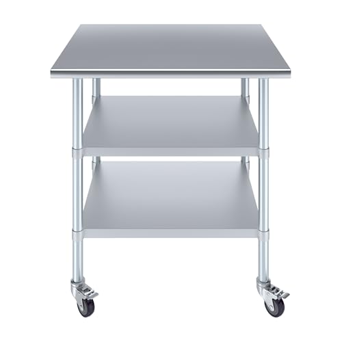 Image of AmGood Stainless Steel Work Table with 2 Shelves and Casters | Metal Utility Table On Wheels (Stainless Steel Work Table with 2 Shelves + Casters, 36 inch Long x 30 inch Deep)