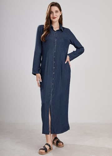utcoco Womens Casual Button Down Denim Maxi Dress Lapel Long Sleeve Long Jean Dresses with Pockets2