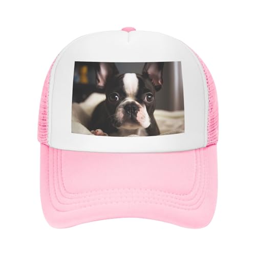 Mesh Trucker Hat Snapback Baseball Cap for Men Women Adjustable Snapback Hat Cute Boston Terrier Ball Cap Pink