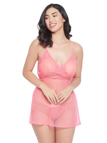 Image of Clovia Women's Lace Sheer Babydoll with Matching Thong in Pink